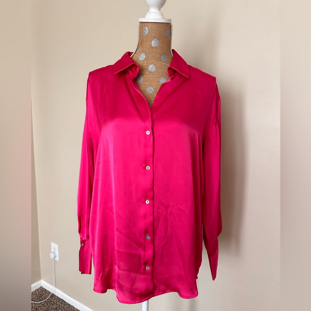 Zara Satin Hot Pink Button Up Shirt